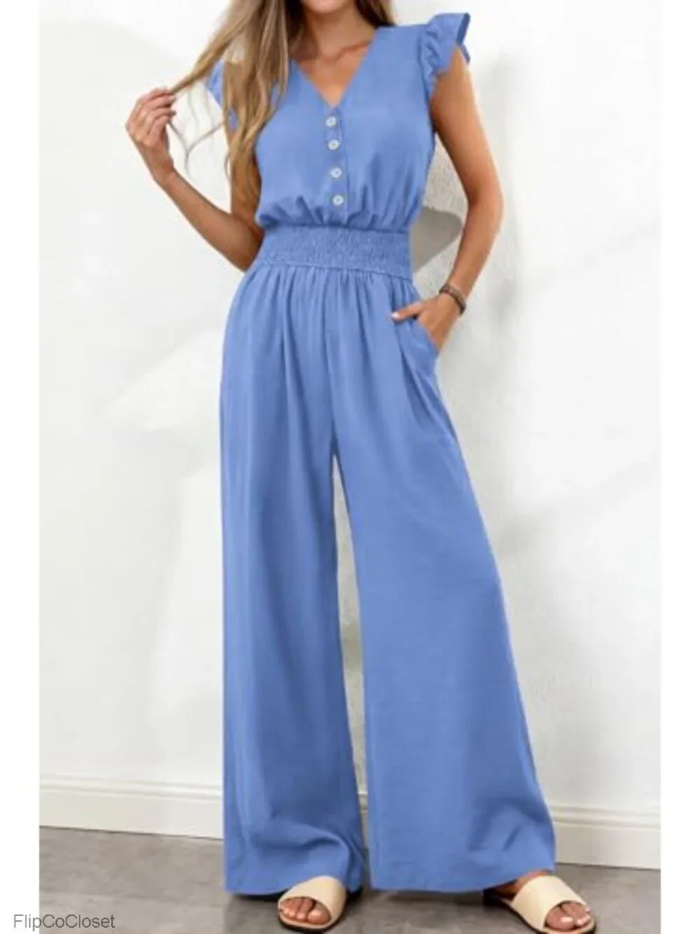 Womens Ruffle Cap Sleeve V Neck Button Smocked Wide Leg Jumpsuit Romper